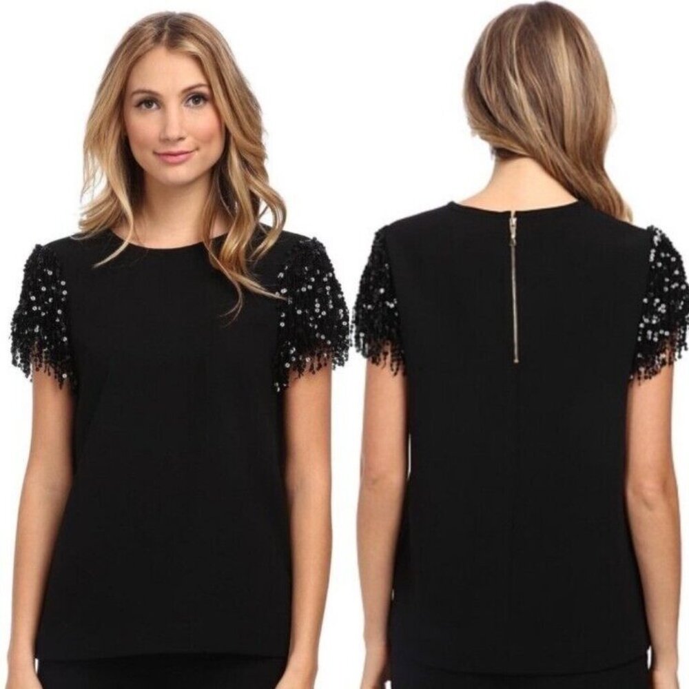 Kate Spade New York Sequin Fringe Short Sleeve Crepe Black Top size 4